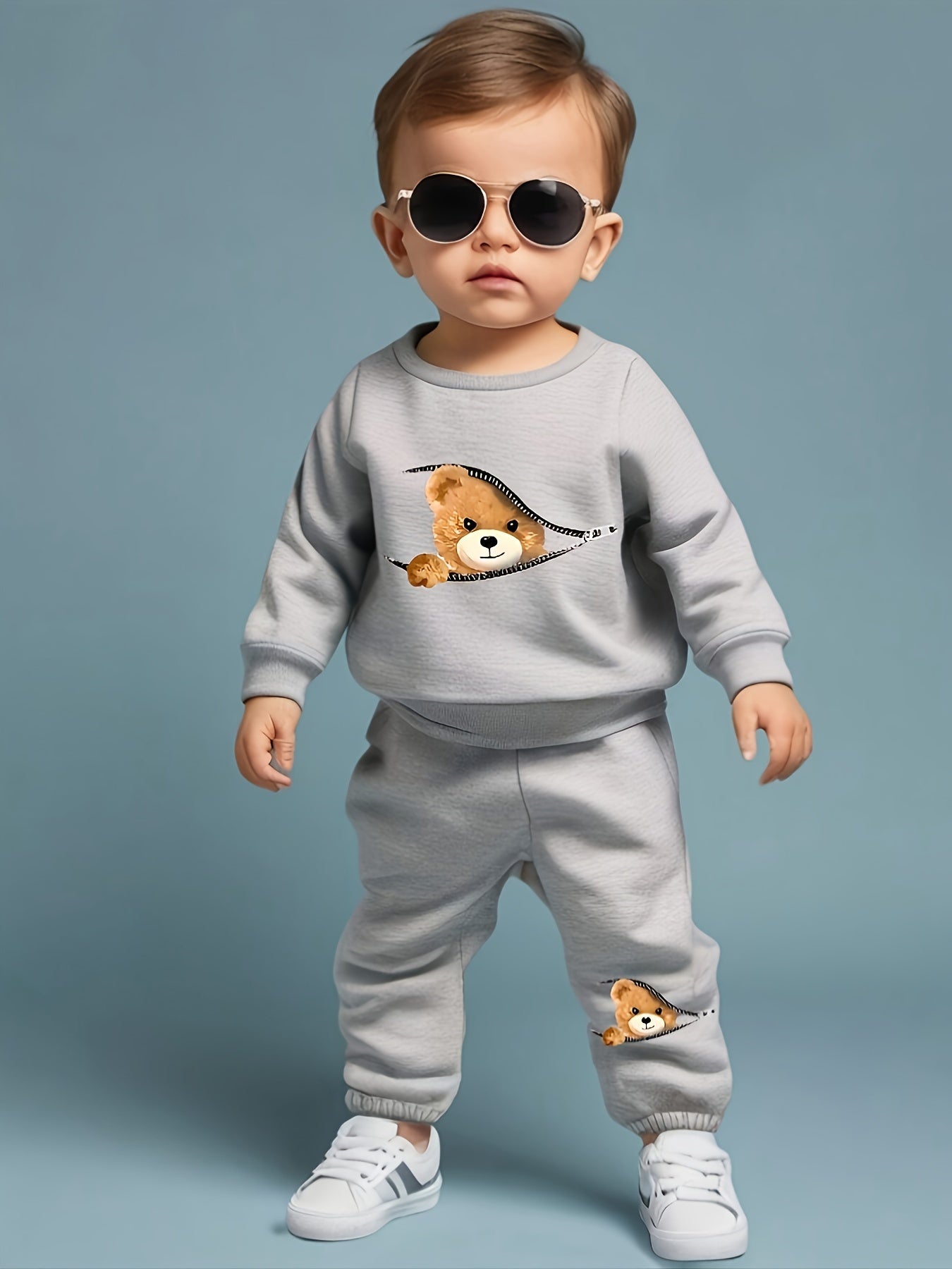 Adorable Bear Print Zip-Up Sweatshirt & Joggers Set for Boys