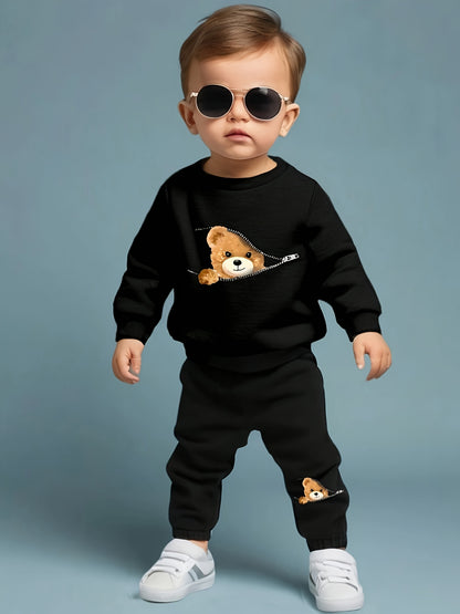 Adorable Bear Print Zip-Up Sweatshirt & Joggers Set for Boys