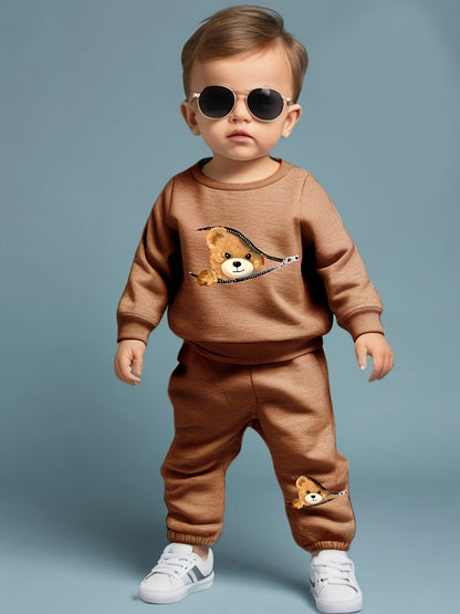 Adorable Bear Print Zip-Up Sweatshirt & Joggers Set for Boys