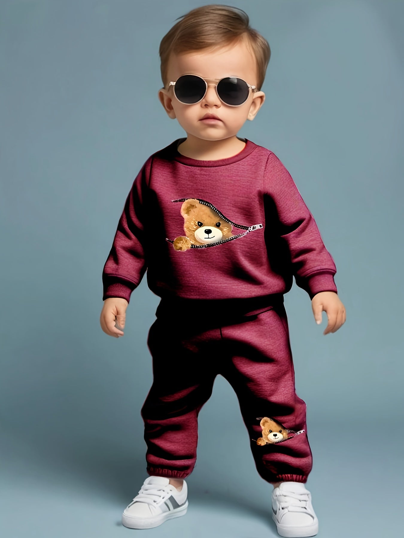 Adorable Bear Print Zip-Up Sweatshirt & Joggers Set for Boys